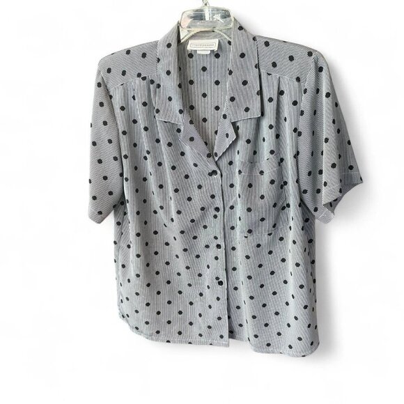 Vintage Black & White Polka Dot Stripe Blouse Short Sleeve with Shoulder Pads - Picture 1 of 4